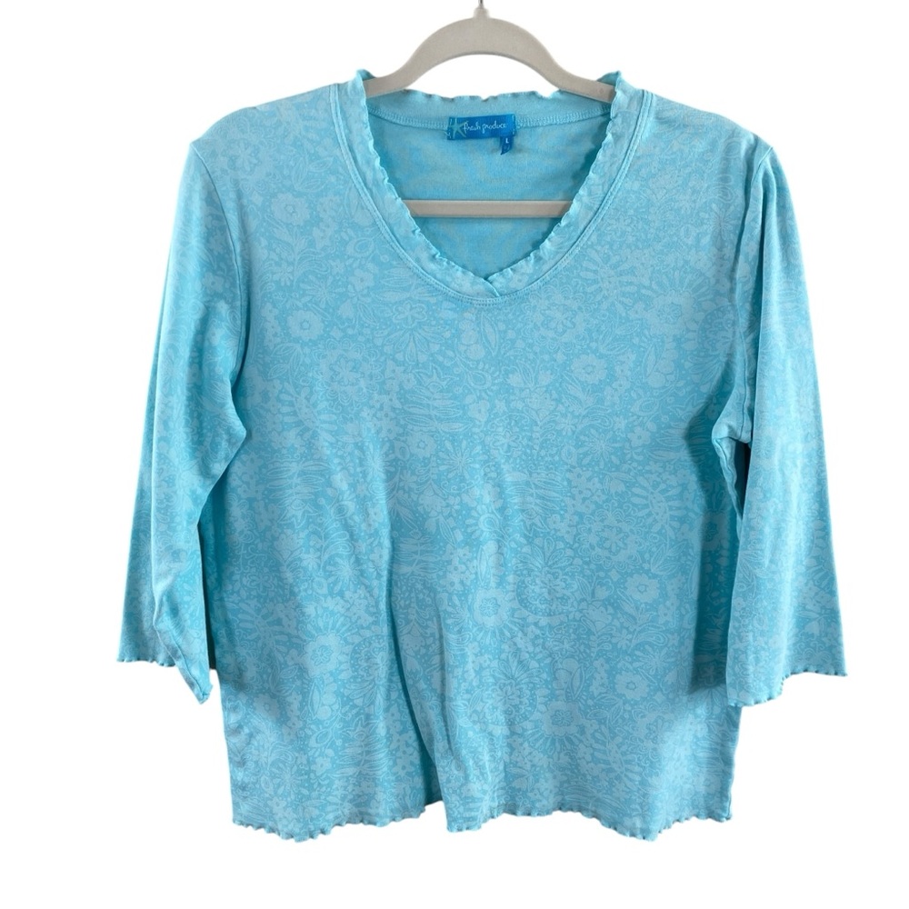 Fresh Produce Light Blue Lettuce Collar Cuffs Long Sleeve Tee Sz‎ L